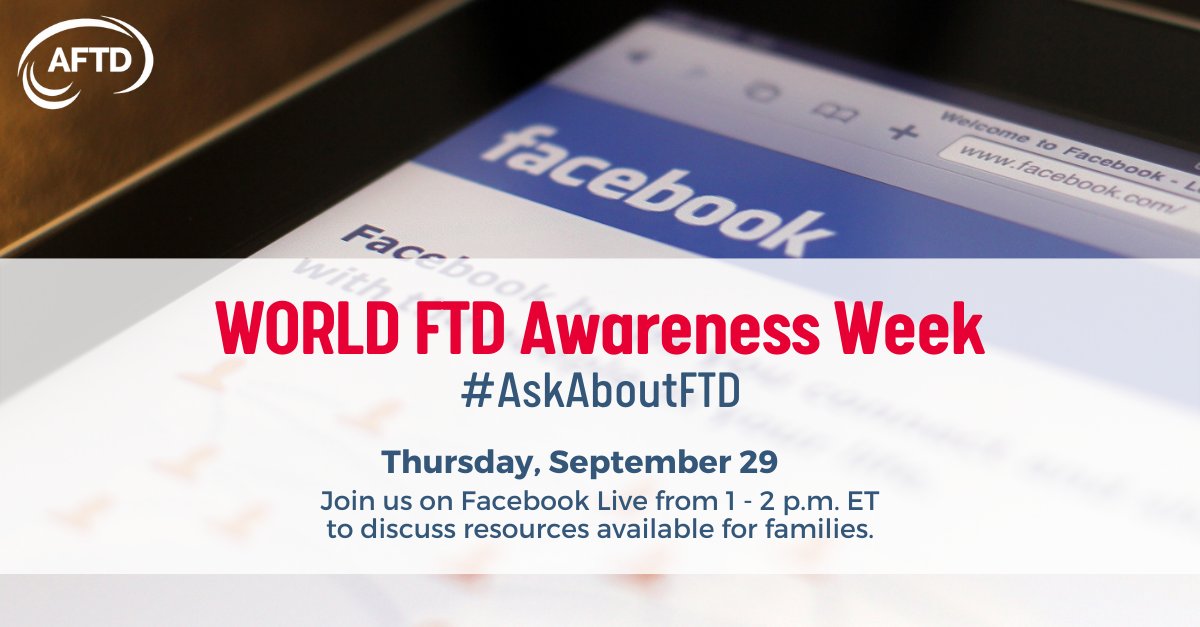 AFTDHope's tweet photo. Today at 1 p.m. ET is our Facebook Live Q&A! Connect with AFTD staff will discuss the importance of an FTD diagnosis, share resources, and explain emerging FTD research. Click here to join: https://t.co/uHqC0IVWFZ
#WorldFTDAwarenessWeek2022 #AskAboutFTD https://t.co/klEYlnjayt