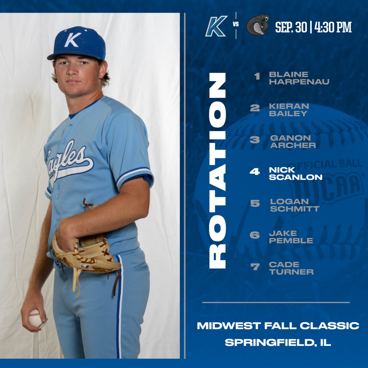 KCC_BSB's tweet photo. Pitching rotation for ⁦@MidwestClassic⁩. https://t.co/w4mYu9VZ66