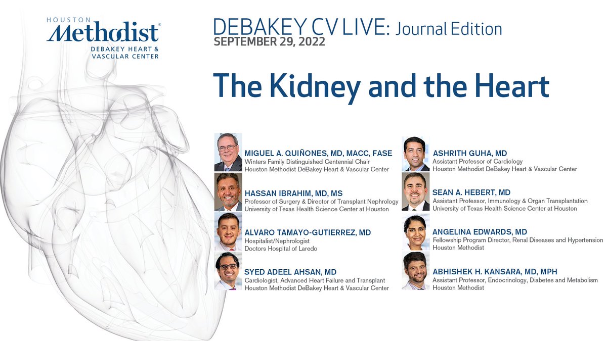 Today at 5 pm CST, join DeBakey CVLive: Journal Edition for this special issue on the interaction between heart failure and kidney function: #DeBakeyCVJournal with @maquinonesmd and authors 

Watch it Live: bit.ly/3S3QvP9