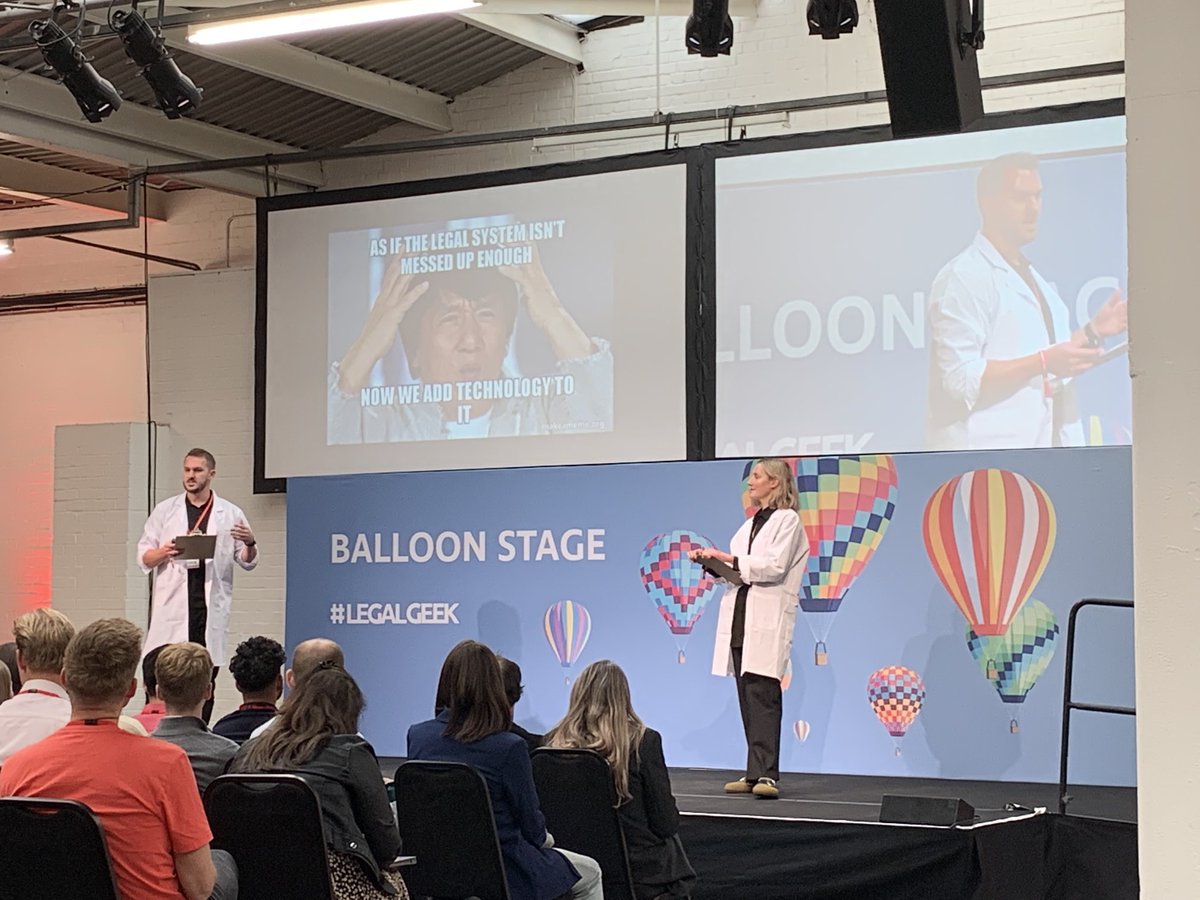 ArtificialLawya's tweet photo. Tom Dunlop ⁦@Summize_it⁩ and Roisin ⁦@tlb_law_⁩ on bring on the white coats to talk about mapping things out, for one of the last sessions on day 2 of #LegalGeek - been a lot of fun. https://t.co/NHp9hFcLCh