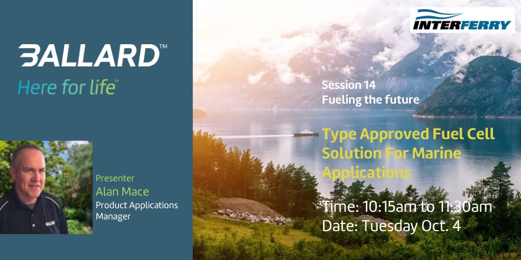 BallardPwr's tweet photo. Ballard's Alan Mace, Product Applications Manager, will be part of the speaking program at the 46th Annual @InterferryOrg Conference in #Seattle.
Alan will present at 10:15am on Oct. 4. See you there! #PoweredbyBallard #hydrogen #fuelcells #zeroemission #shipping #cleanmarine https://t.co/vrxR1NyYyp