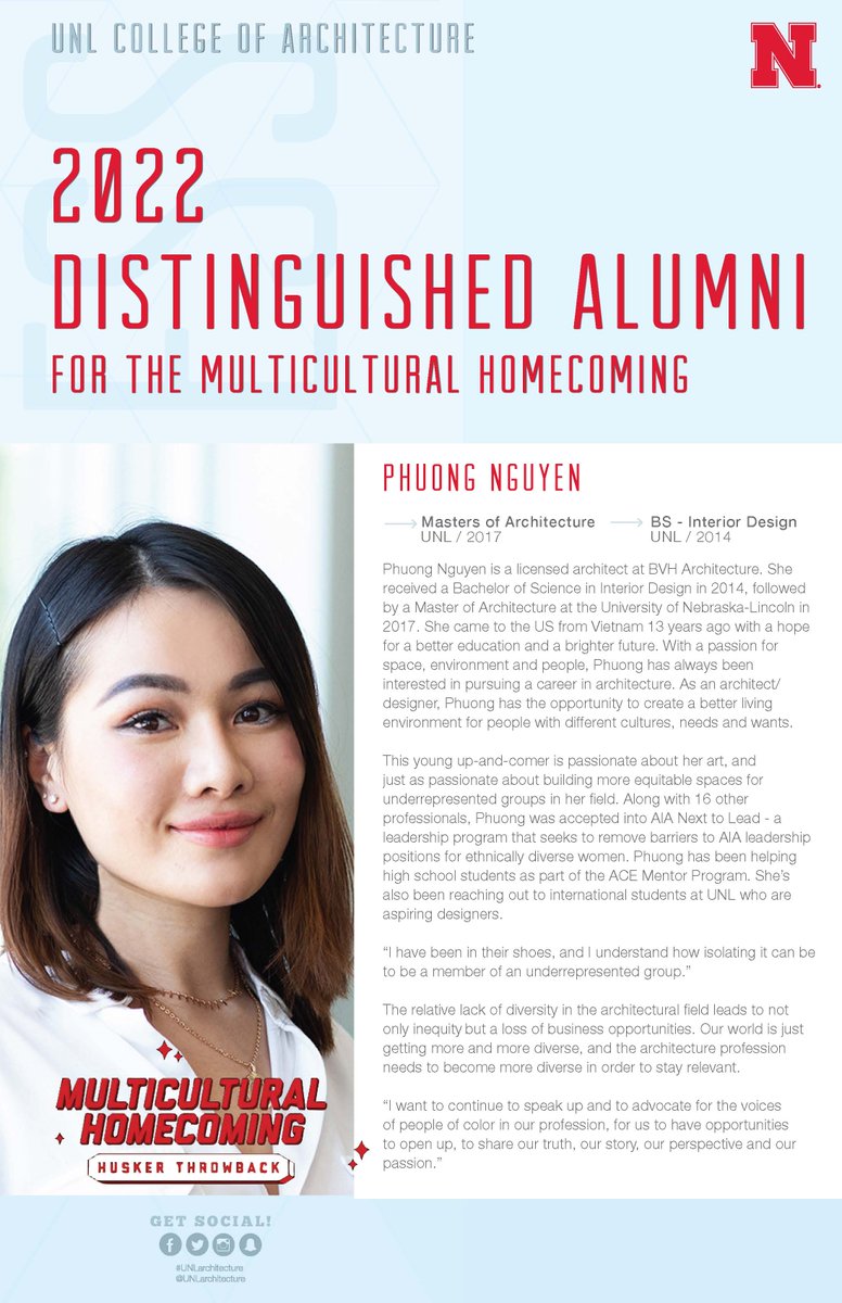 The #UNL homecoming celebration will feature 8 distinguished alumni of color. This year’s COA honoree is Phuong Nguyen who works at <a href="/BVHArchitecture/">BVH Architecture</a>. She graduated with her BS in Interior Design - 2014 &amp; M.Arch - 2017. Please help us congratulate Phuong!  go.unl.edu/iucq