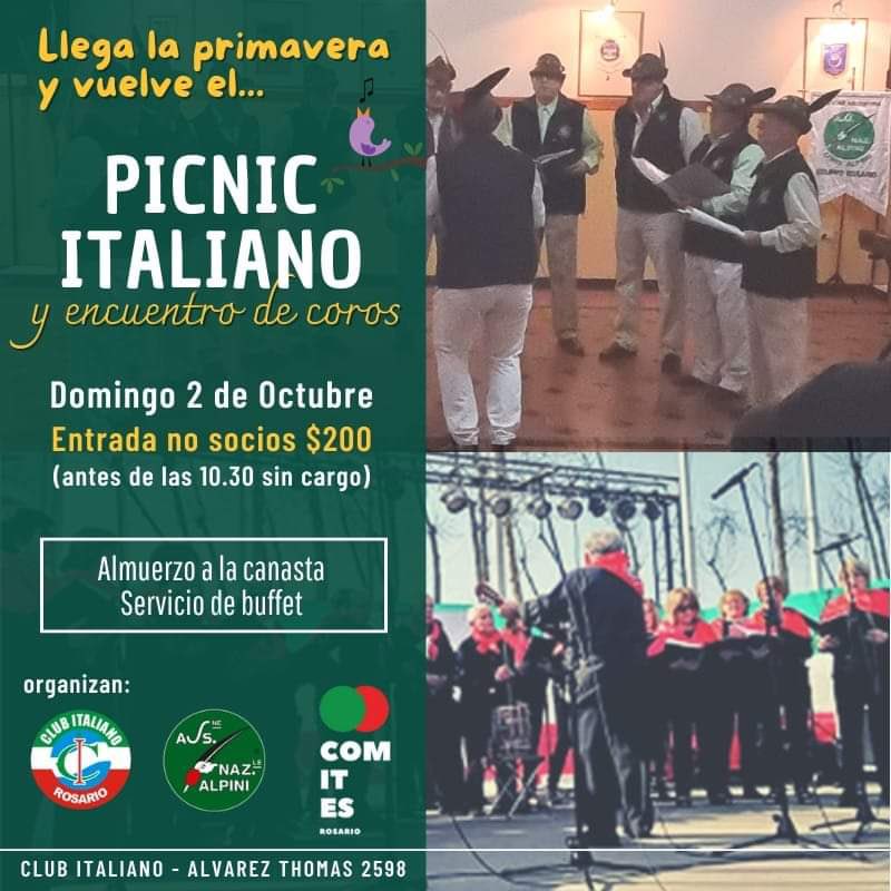 ComitesRosario's tweet photo. Los invitamos a participar del tradicional Picnic italiano 🇮🇹 y encuentro de coros! 

¿Cuándo? El próximo domingo 2 de octubre 

¿Dónde? En el Club italiano de Rosario - Alvarez Thomas 2598

¿A qué hora? Mediodía, pero si llegas antes de las 10:30, la entrada es sin cargo. https://t.co/MO6UN8xwMm