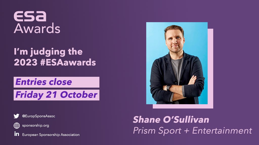 Delighted to announce that our Managing Director <a href="/sosullivanid/">Shane O'Sullivan</a> has been confirmed as a judge for the 2023 <a href="/EuropSponsAssoc/">European Sponsorship Association (ESA)</a> Awards.

Be sure to enter the #ESAawards before the deadline on the 21st October!

Also keep an eye on our socials in the lead up to the event! 

#prismteam