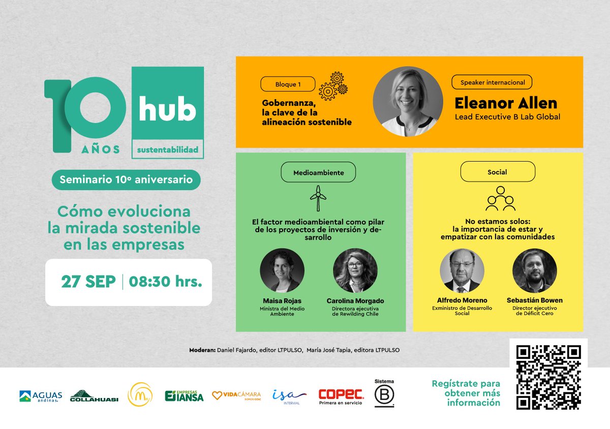 Revive el Seminario de los 10 años del HUB. "Cómo evoluciona la mirada sostenible en las empresas"
 Viernes 30 de septiembre a las 9:00 por pulso.cl
Invitados de lujo: Eleanor Allen, <a href="/sebastianbowen/">Sebastián Bowen</a>
<a href="/Maisa_Rojas/">Maisa</a> 
<a href="/amorenocharme/">Alfredo Moreno Charme</a> y Carolina Morgado
#hub10años