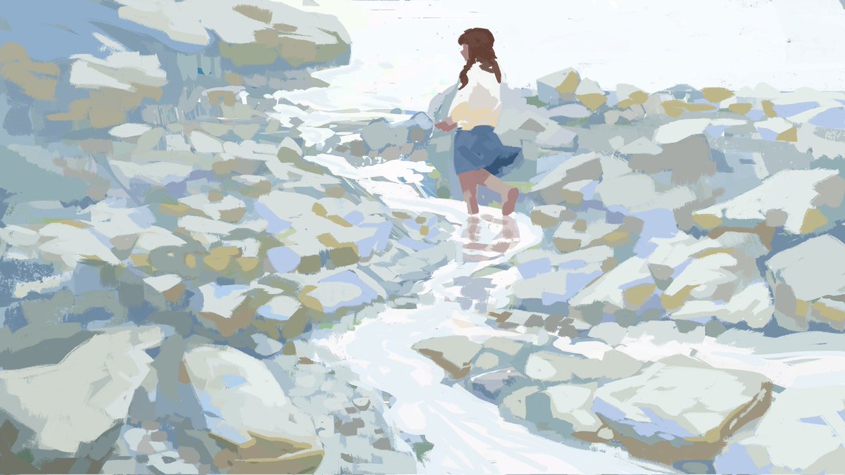 1girl solo brown hair skirt rock wading water  illustration images