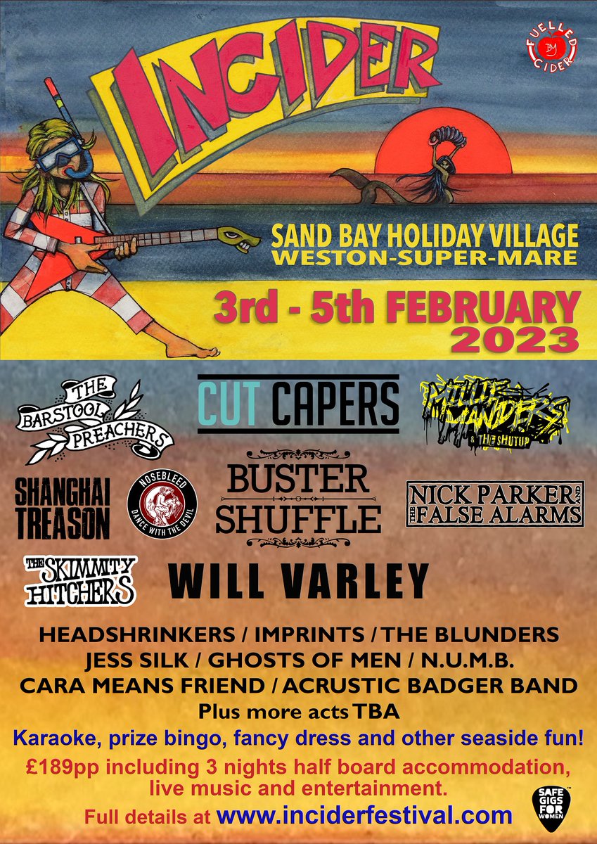 In Cider Festival is BACK to blast your winter blues away :) Feb 3rd - 5th near Weston-super-Mare. £189pp inc. accommodation, meals, bands, seaside entertainment! inciderfestival.com @CutCapers @Bustershuffle @BarPreachers #winterfestival