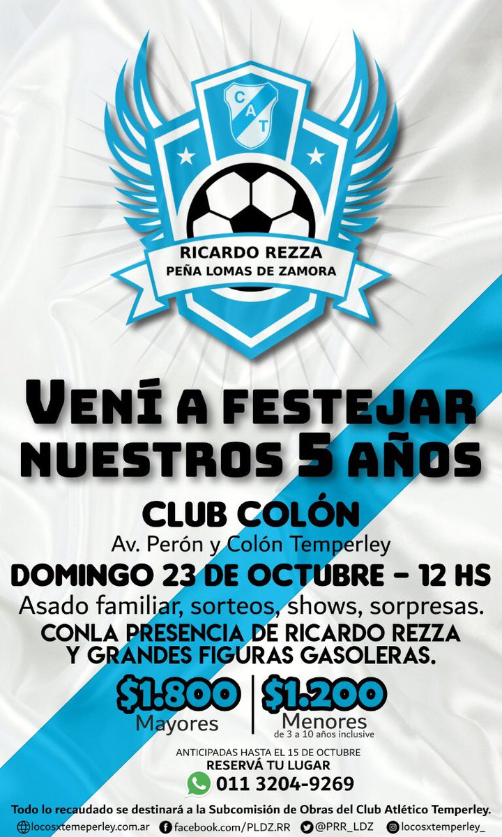 PRR_LDZ's tweet photo. 🎉 Festejamos nuestros 5 años 

📆 El 23/10 Veni a festejar con nosotros los 5 años de la @PRR_LDZ, con la presencia de Ricardo Rezza y Grandes figuras celestes. 

📍Club Colón 

🕛 12HS

💲 Mayores 1800/ Menores 1200

📲 Pedí tu anticipada hasta el 15/10 al 1132049269 https://t.co/a2mnwd2OVc