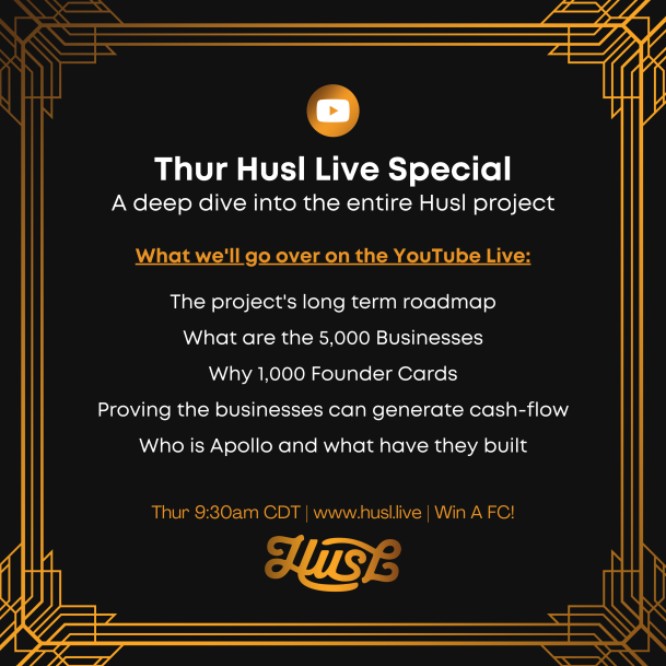 husldaily's tweet image. 👀🚨IMPORTANT ANNOUNCMENT🚨

🔥Mint DAY (WL Starts at 7 PM CT) - Tune in to Husl Live at 9:30 AM CT, husl.live, where Jonathan will break down the ENTIRE project and walk through the roadmap. 

We&apos;ll be giving away a Founder Card LIVE on the call! Be there to win!
