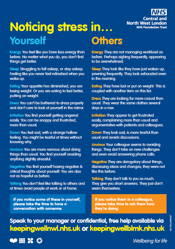 Keepingwellnwl's tweet photo. How to notice to signs of #stress in yourself and others... 

If you recognise most of these, and work in health and social care across NW London, we are here to help you and your colleagues with free, confidential support. Start a live chat now: https://t.co/cwo05eixUy https://t.co/ZytvRkPt2e