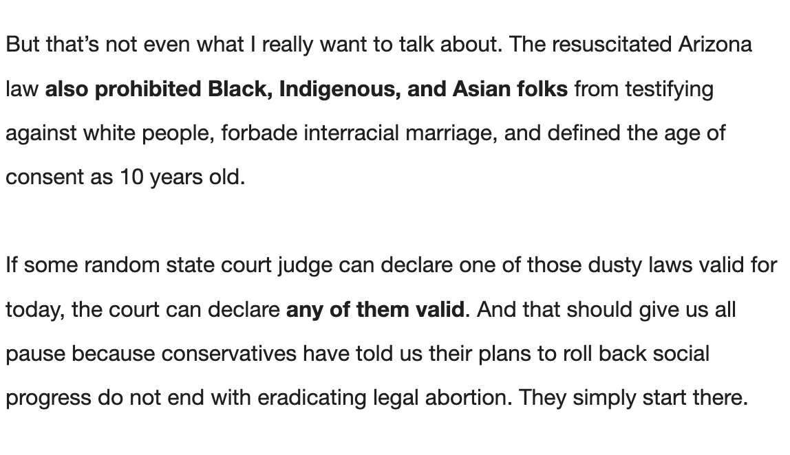 RewireNewsGroup's tweet photo. #InYourInbox this morning: @Hegemommy draws the line between Arizona's pre-Roe abortion ban and other sexual privacy rights—from birth control to consent to marriage. https://t.co/fd5bLnE5Ab