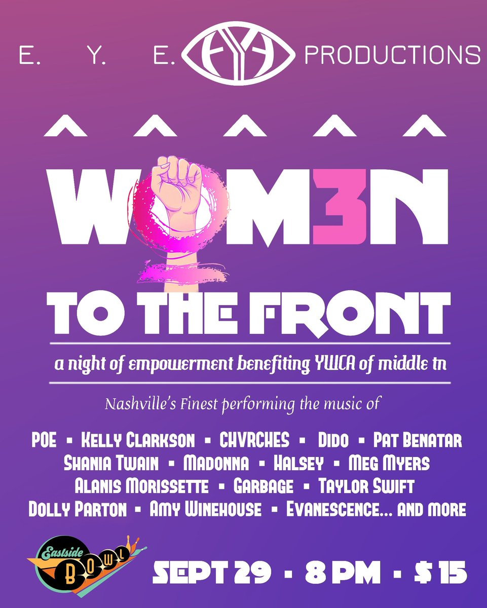 TONIGHT!!! Join us tonight at 8:00 as we kick off Wom3n to the Front!

All of these musicians involved tonight have worked very hard to learn these songs to put on quite the show and help us raise money for <a href="/YWCANashville/">YWCA Nashville & Middle Tennessee</a> 

Doors are at 7:00!

Seeing is believing!

 <a href="/eastsidebowl/">Eastside Bowl</a>