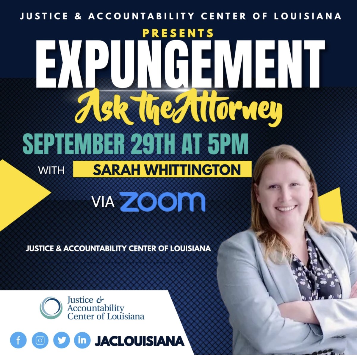 JacLouisiana's tweet photo. Do you have #Louisiana #expungement questions? Log onto Zoom and “Ask the Attorney” tomorrow, Sept 29th at 5PM. #newendings #new # NEO #freshstart #expungments #free #attorney https://t.co/TmCtYzHAse