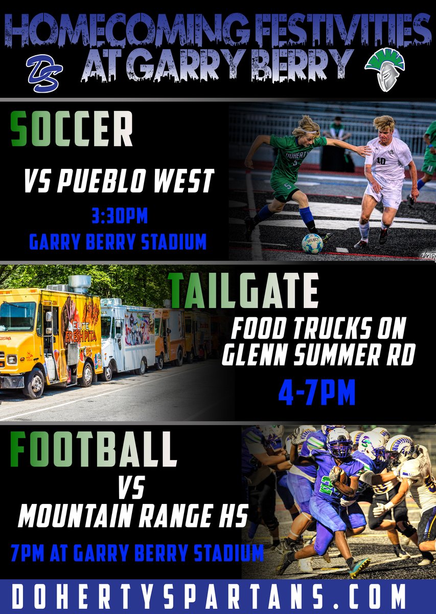 DHSAthletics's tweet photo. Lots of activities happening on Friday. Make sure to come out and watch Soccer, then tail gate and cap it off with the Football game!

 #d11athletics #dohertyspartans #webeforeme  #homecoming2022 #hoco #hoco22 #HOCO2022 #hocoweek https://t.co/An1xP0Rtnw
