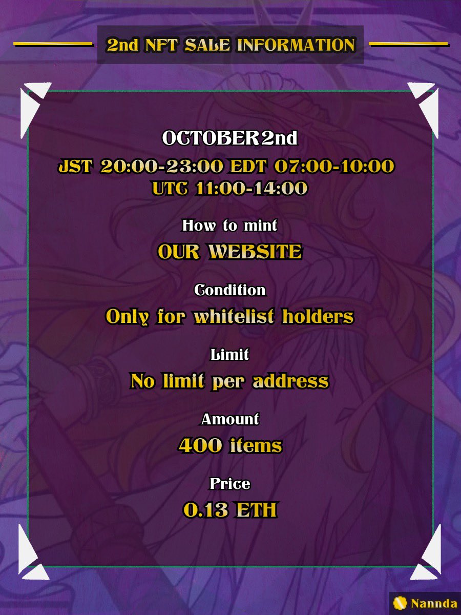 nannda_xyz's tweet photo. 2nd Sale Info &amp; NFT’s Giveaway🎉.

The detail of 2nd Sale is HERE!
If you haven’t gotten a WL spot yet, sign up for Premint!
👇👇👇
https://t.co/IN7Mlodw0l

To celebrate, we have Giveaway of Genesis NFT to one winner! 🎁🎁🎁

Terms &amp; Conditions

✅Like
✅Follow &amp; RT https://t.co/OYFIsBYU7h