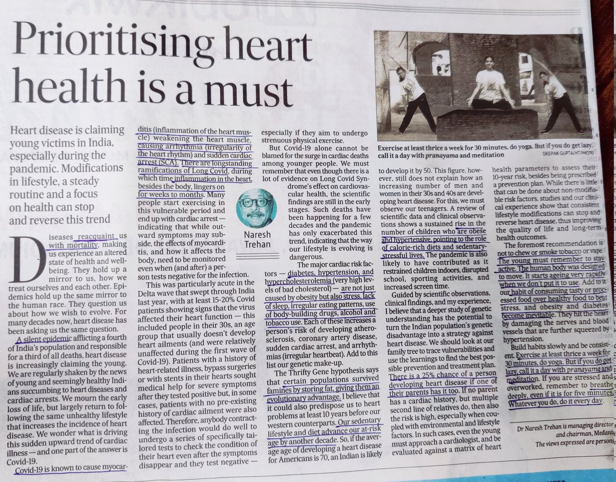 AnujAggarwal44's tweet photo. Sedentary lifestyle amplified during COVID lockdowns with myocarditis during COVID might be a contributing factor for young cases with Sudden cardiac death.
Exercising for 30min atleast 3 times/week,avoiding stress,alcohol/tabacco/fast food will help
#WorldHeartDay #MedTwitter https://t.co/XFG6lZLFK4