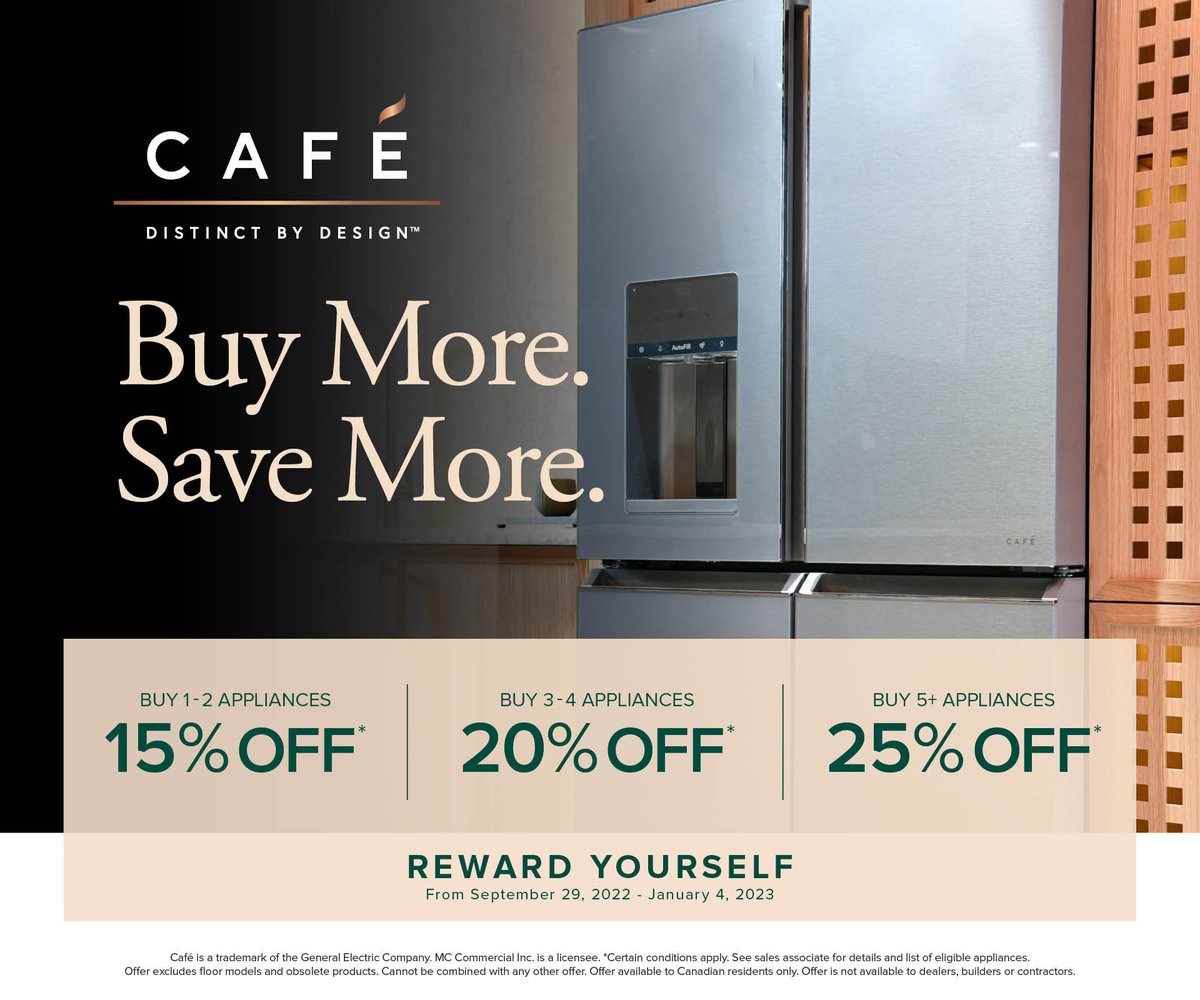 ArvaAppliances's tweet photo. The GE Café Buy More, Save More Event is on now until January 4th, 2023. Save up to 25% when you bundle up your kitchen appliances. Call us or come in today for more details! #gecafe #buymoresavemoreevent #saveupto25 #greatsavings #brandsource #appliances #arva #shoplocal #ldnont https://t.co/6OD3ZFQ2W4