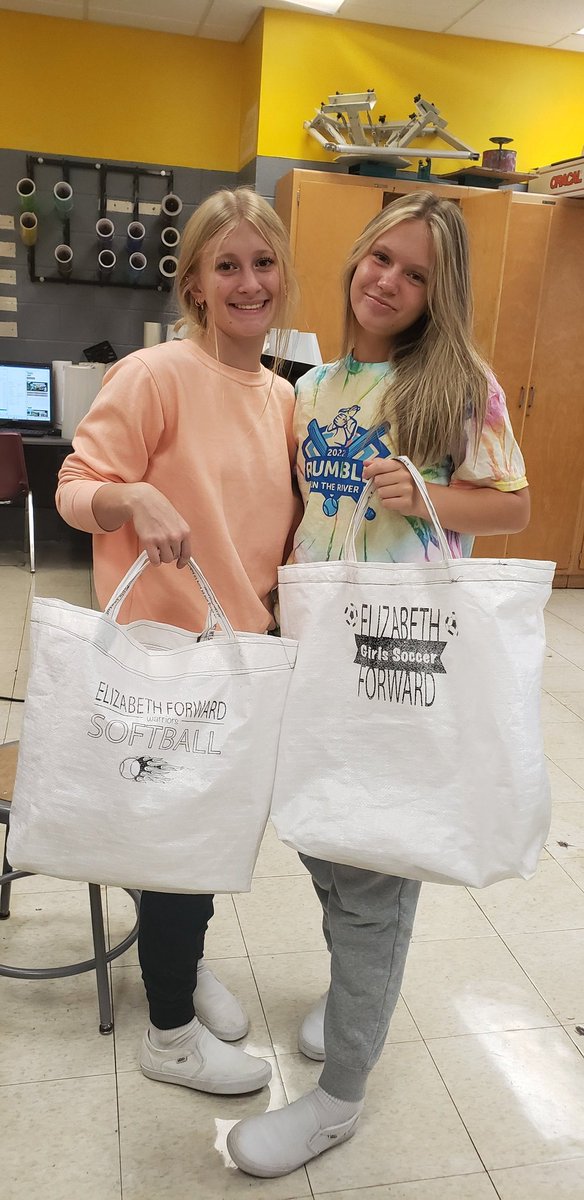 Mrs. Smith's T-Shirt Tech class learned some beginner sewing to upcycle feed bags into grocery totes and then screen printed to customize!! #nationofmakers