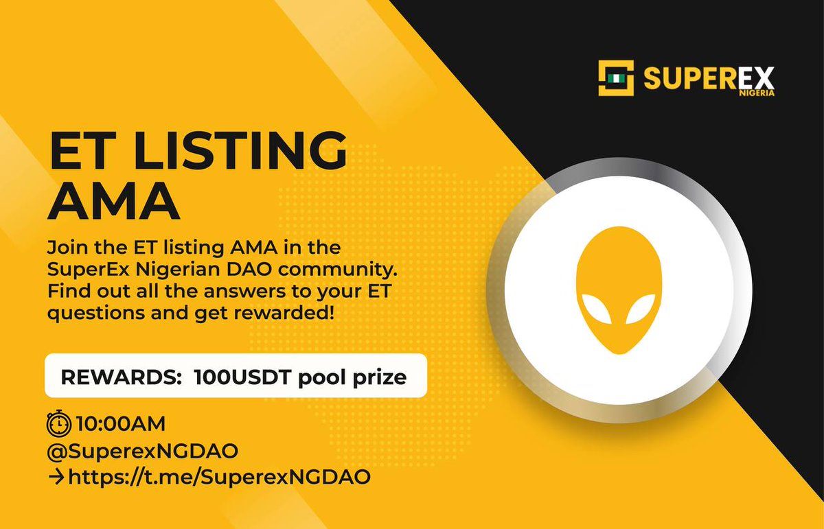 SuperEx_NG's tweet photo. Join the #ET listing AMA in the #SuperEx Nigerian DAO Official Telegram Community 🚀

Find out all the answers to your #ET questions and get rewarded!

PS: $100 USDT

Time: 10:00 AM (WAT)

Telegram: https://t.co/AQxAhTZUy1

#ET #AMA #SuperEx #DEX https://t.co/hvwZ2iRE3i