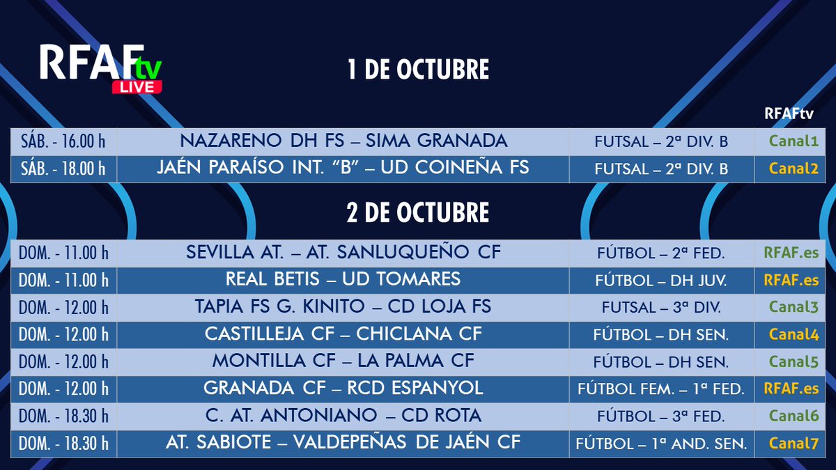 RFAF's tweet photo. 📺 ¡Nuevo #finde de #fútbol y #futsal en #RFAFtv!
🔟 partidos EN DIRECTO 🔴
#2ªRFEF #3ªRFEF #DHSenior #PrimeraAndaluza #DHJuvenil #DHInfantil #SegundaBFutsal #TerceraFutsal #1ªRFEFfem
📲 Descarga GRATIS la app de RFAFtv ▶️ https://t.co/MbbSjz2tzl https://t.co/KRu3yIP2OW