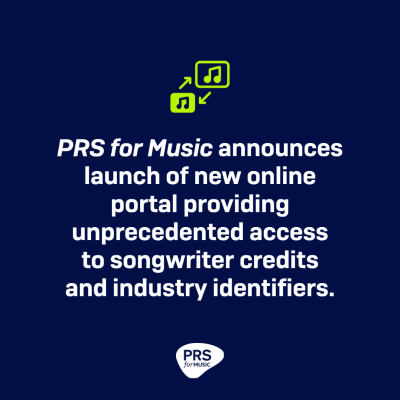 PRSforMusic's tweet photo. PRS for Music announces launch of new online portal providing unprecedented access to songwriter credits and industry identifiers. For the first time, metadata attributed to over 2 million works will be published, with plans to release millions more, over the following 12 months.