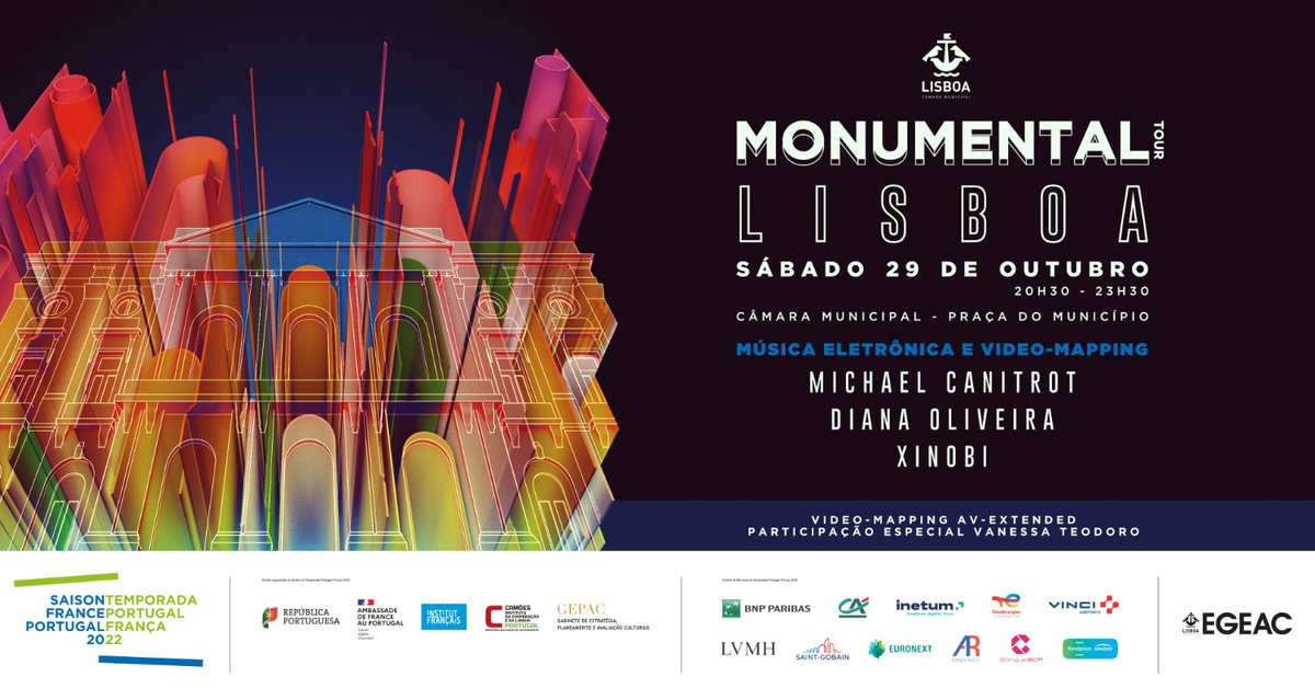 First @monumental_tour outside of France and it's going to be massive! 🔥

See you in Lisbon on Saturday, october 29th on the City Hall Square for the closing of the France-Portugal Season 2022. 

MORE INFOS 👉🏼 bit.ly/3CjX3nm 

@SaisonFrPt2022 @TemporadaPtFr22