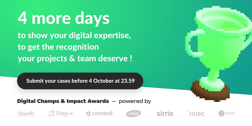 4 jours supplémentaires pour devenir un Digital Champ !  
Vous hésitez encore à soumettre ce case ou non ? Qui ne tente rien, n'a rien ! 🤩
🔥 Nouveau deadline : le mardi 4 octobre 👇👇 digitalchampsawards.be/fr 
#we_are_digital #feweb #digitalchamps