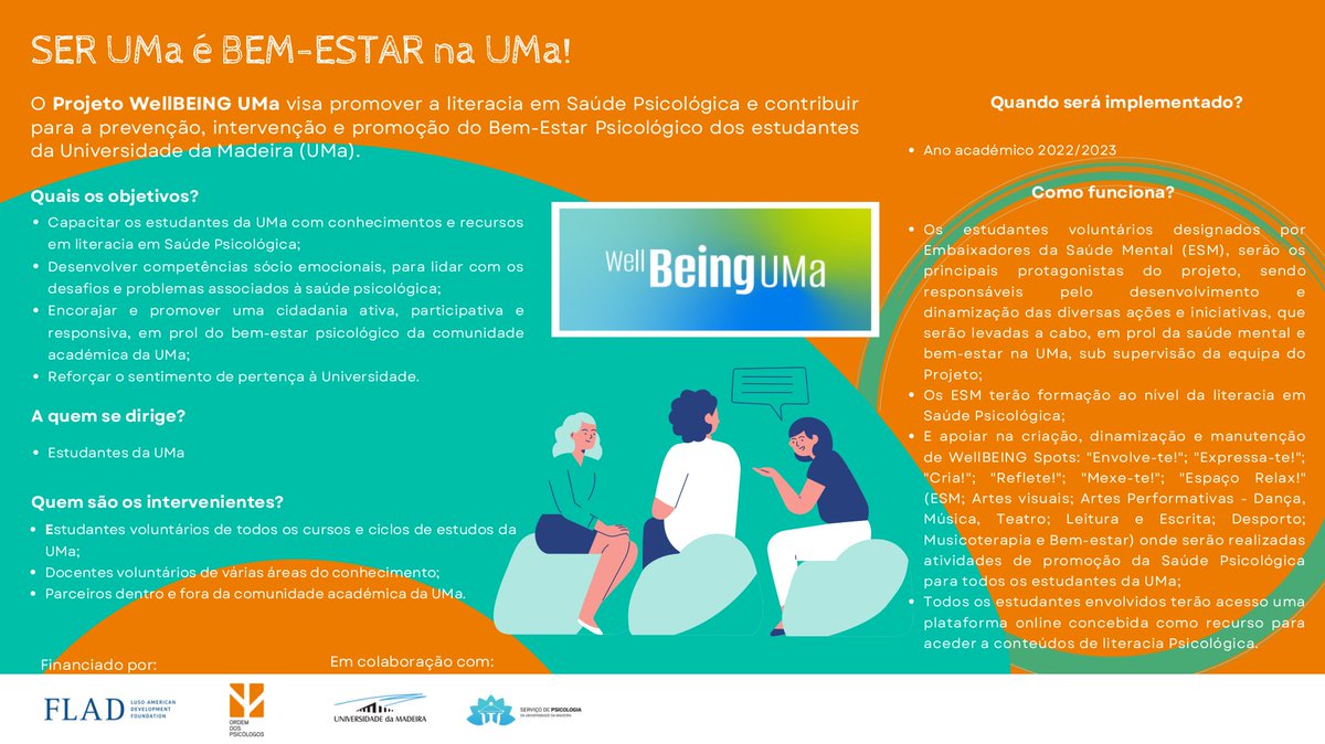 U_Madeira's tweet photo. #WellbeingUMa
O Servi��o de Psicologia da #UniversidadedaMadeira foi um dos vencedores da 1.ª edição do Programa FLAD/OPP – #SaúdeMental no #EnsinoSuperior, com o projeto Wellbeing UMa.
Ler a notícia completa 👇
https://t.co/sb8Xb44bXb
#SPUMa #bemestar #bemestarnaUMa https://t.co/I2A62B0DjU