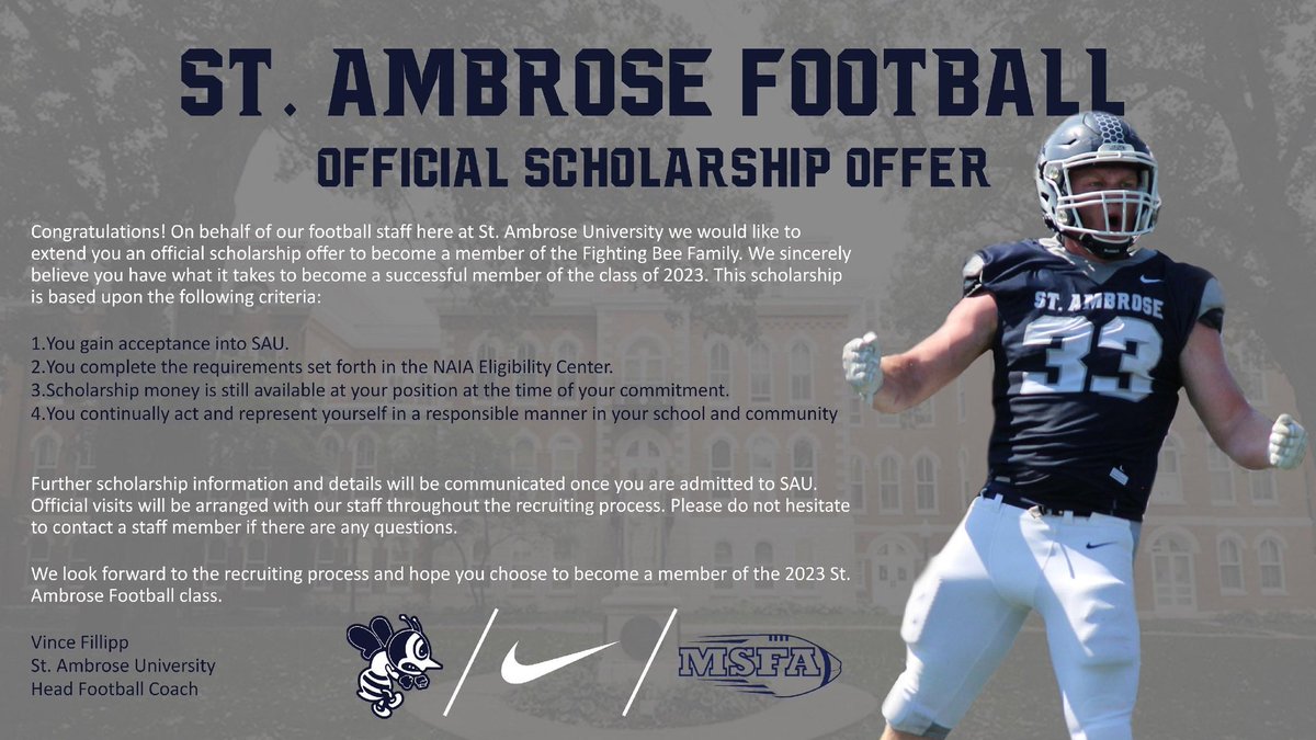 SantosT_75's tweet photo. After a great conversation with @FillippSAU I am happy to announce that I have been offered by St. Ambrose University. Go Fighting Bees! Thank God for my 2nd offer and my 1st Scholarship offer. @FightingBeesFB @JRGrayson @MortonFootball @MortonAthletics @CoachBigPete @coach_OD2 https://t.co/gShj6Xx9IJ