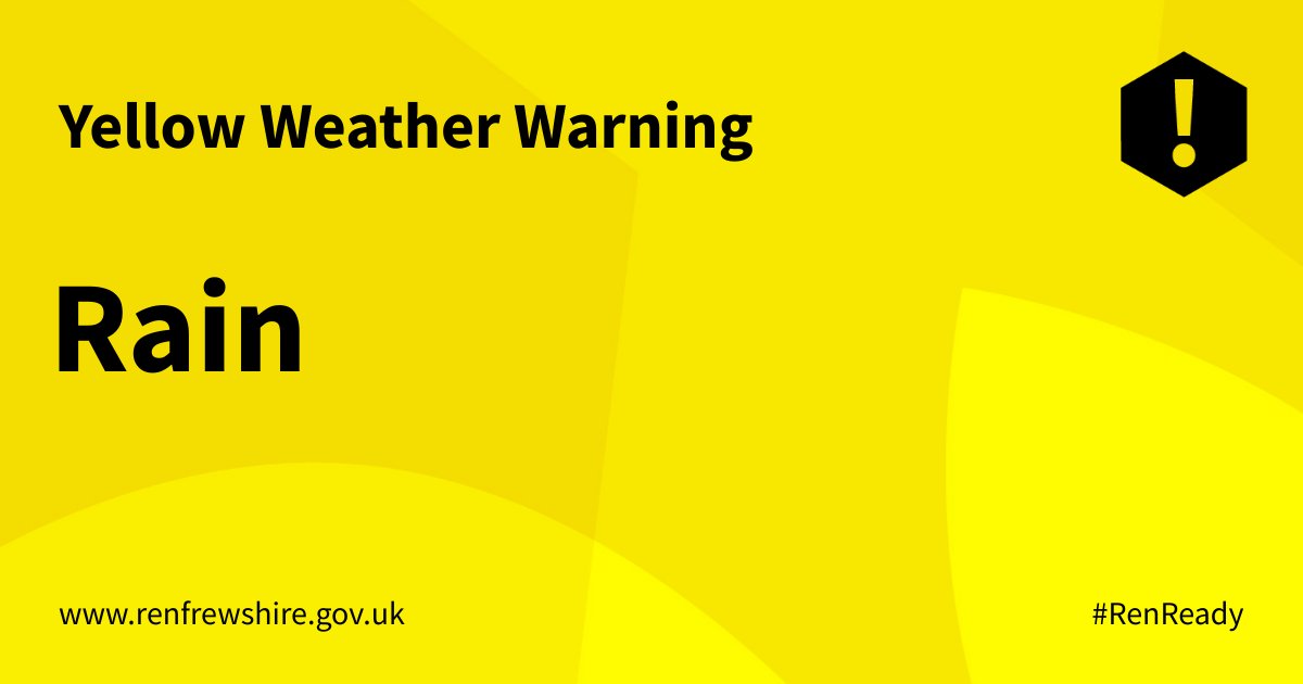 RenCouncil's tweet photo. The @metofficeScot has issued a yellow weather warning for rain in Renfrewshire tomorrow.
The warning will be in place from 8am until 2pm on Friday 30 September.
Read more: https://t.co/NHRgJQ90jf
#RenReady https://t.co/1u6ySHgKE8