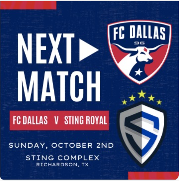 FC Dallas 04/05 ECNL COMP - RL 1 (@fcdallas05ecrl1) on Twitter photo Come out and see us play Sunday Oct 2nd at 1:00pm
Field 2 <a href="/StingSoccerClub/">Sting Soccer Club</a>
Looking forward to it!
<a href="/GazEvans23/">Gareth Evans</a> @FCDwomen #DTID Come out and see us play Sunday Oct 2nd at 1:00pm
Field 2 <a href="/StingSoccerClub/">Sting Soccer Club</a>
Looking forward to it!
<a href="/GazEvans23/">Gareth Evans</a> @FCDwomen #DTID