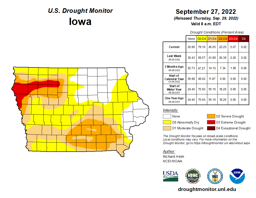 IAStormChasing's tweet photo. The latest drought monitor has been released this morning. As expected with the lack of rain, drought conditions have continued to increase across #Iowa. #IAwx

View the latest numbers: https://t.co/04Bjpj9nuF https://t.co/AI5QOMTNjY