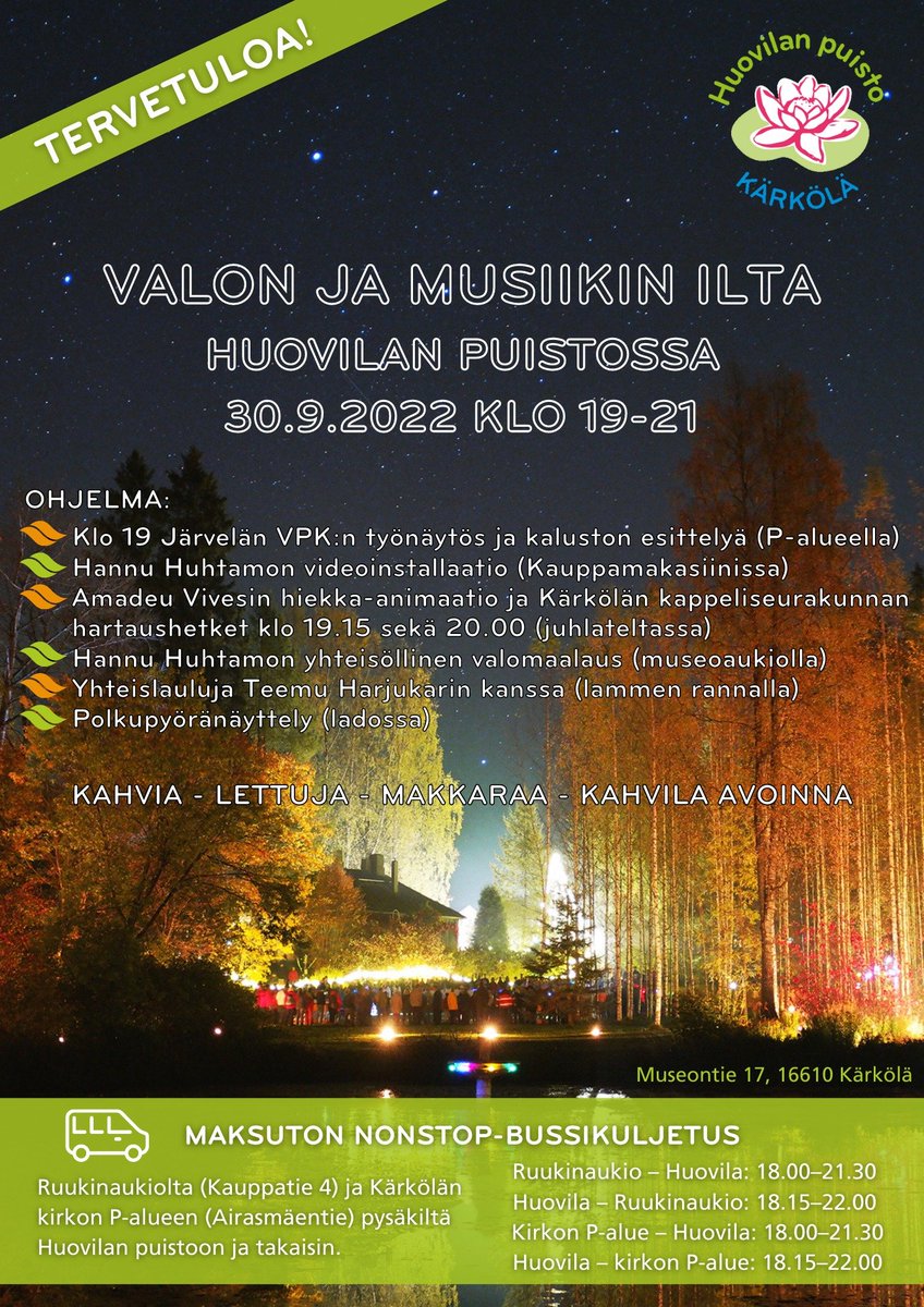 Tervetuloa upeaan Valon ja musiikin iltaan perjantaina 30.9.2022 klo 19-21! 🔥
Tapahtumaan on maksuton nonstop-bussikuljetus Järvelästä ja Kirkonkylältä. 
Nähdään Huovilan puistossa! ✨🎶🕯 🏮🎼🧑‍🎤