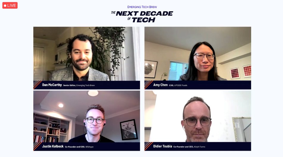 techbrewmb's tweet photo. Next up at the #emtechsummit: A panel discussion on cultivated meat (AKA "lab grown meat) led by @Dan__McCarthy, featuring:

• @upsidefoods COO Amy Chen
• @wildtypefoods co-founder and CEO Justin Kolbeck 
• @AlephFarms co-founder and CEO @DidierToubia https://t.co/M2ywje3467
