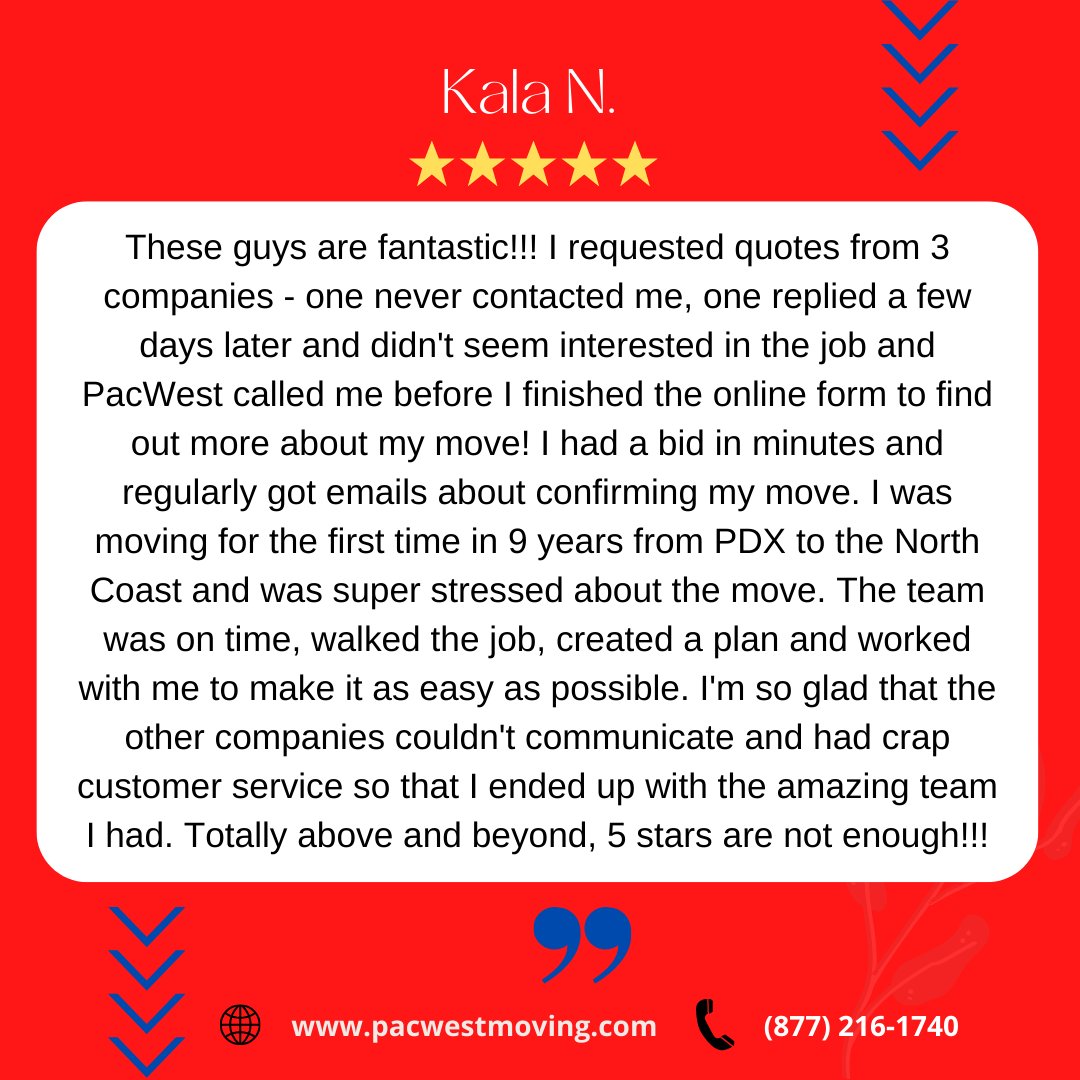 ⭐ Customer Feedback ⭐

We are delighted with your detailed review, Kala! We always strive for excellent customer service and deliver high-quality moving services to our customers. Thank you for choosing PacWest, and we hope you enjoy your new home! instagram.com/p/CisWbcUsrwf/
