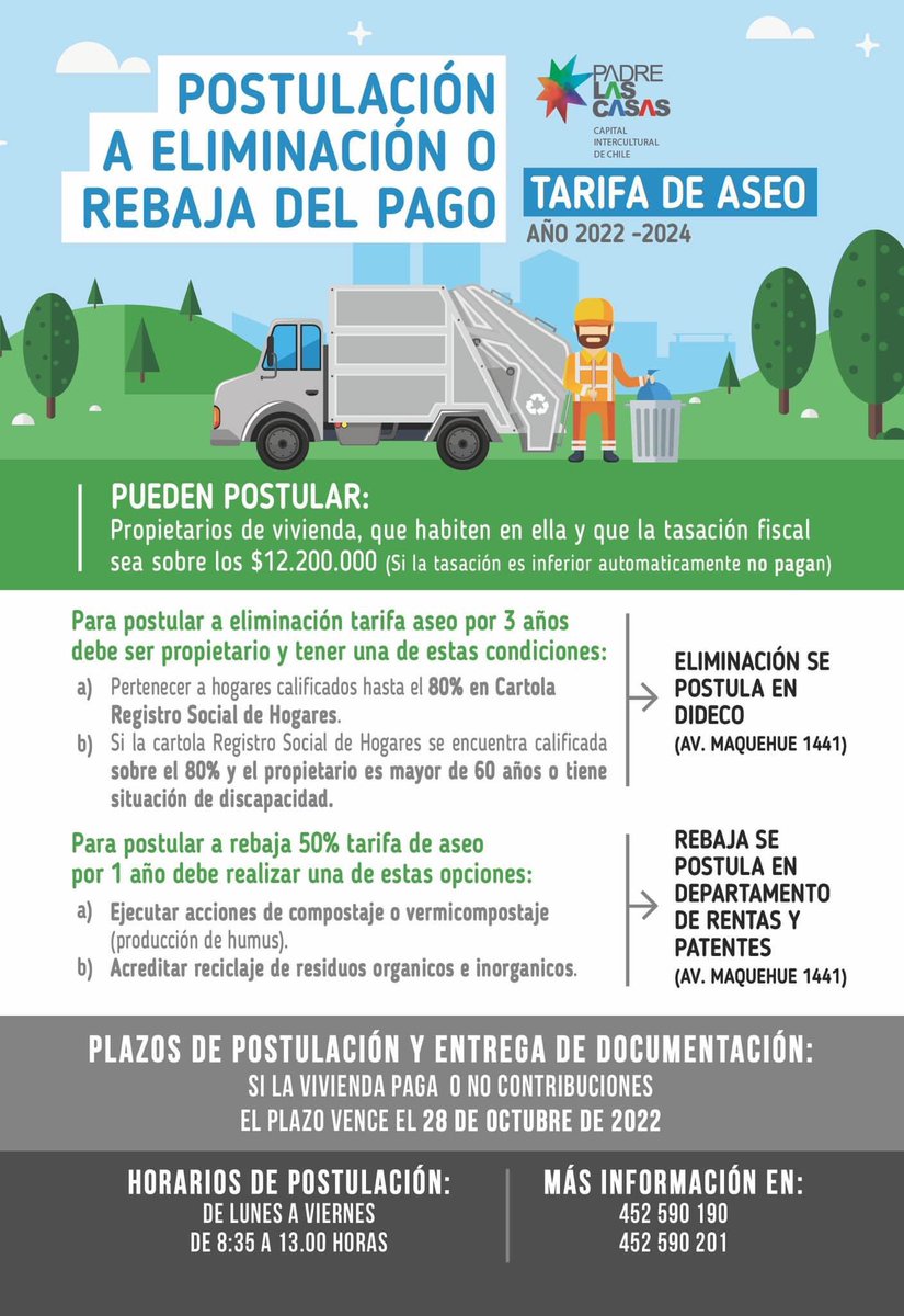 🔴 POSTULACIÓN A ELIMINACIÓN O REBAJA TARIFA DE ASEO 
👉🏻hasta próximo 28 de octubre 

Les recordamos a nuestros vecinos que este 28 de octubre finaliza el proceso de recepción de documentos para postular a la eliminación o rebaja del pago de la tarifa de aseo año 2022-2024.