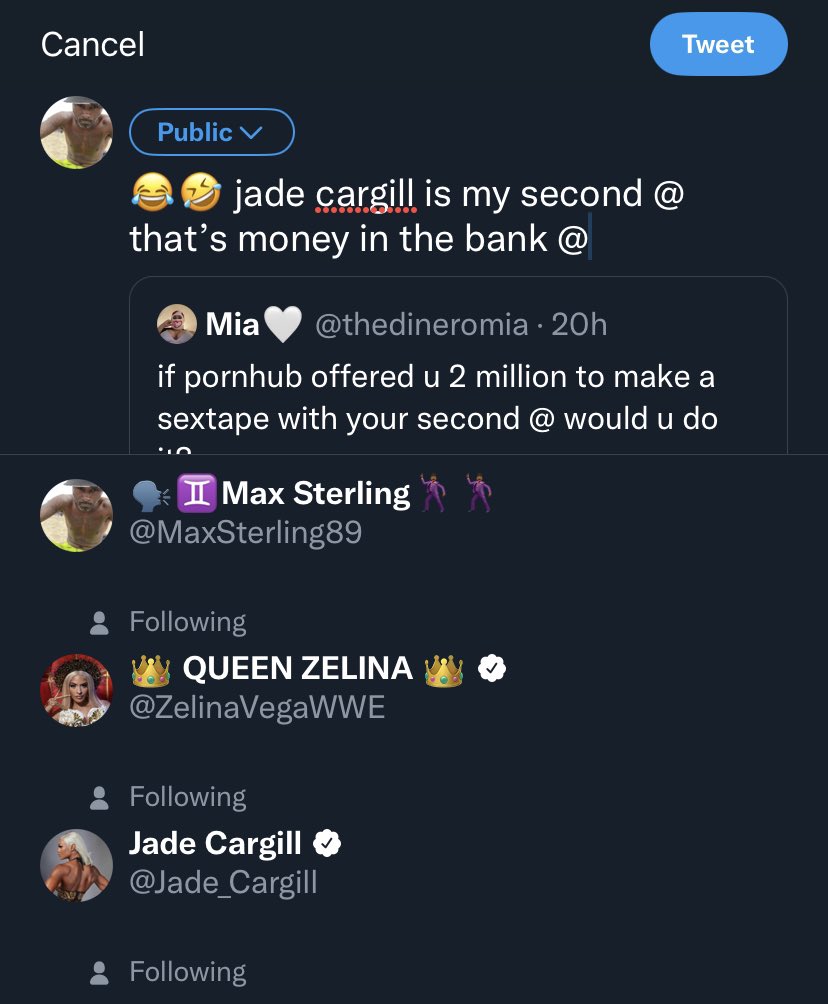 TW Pornstars - Max Sterling(NYC). Twitter. 😂🤣 jade cargill is my second @  thats money in the bank. 2:29 PM - 29 Sep 2022
