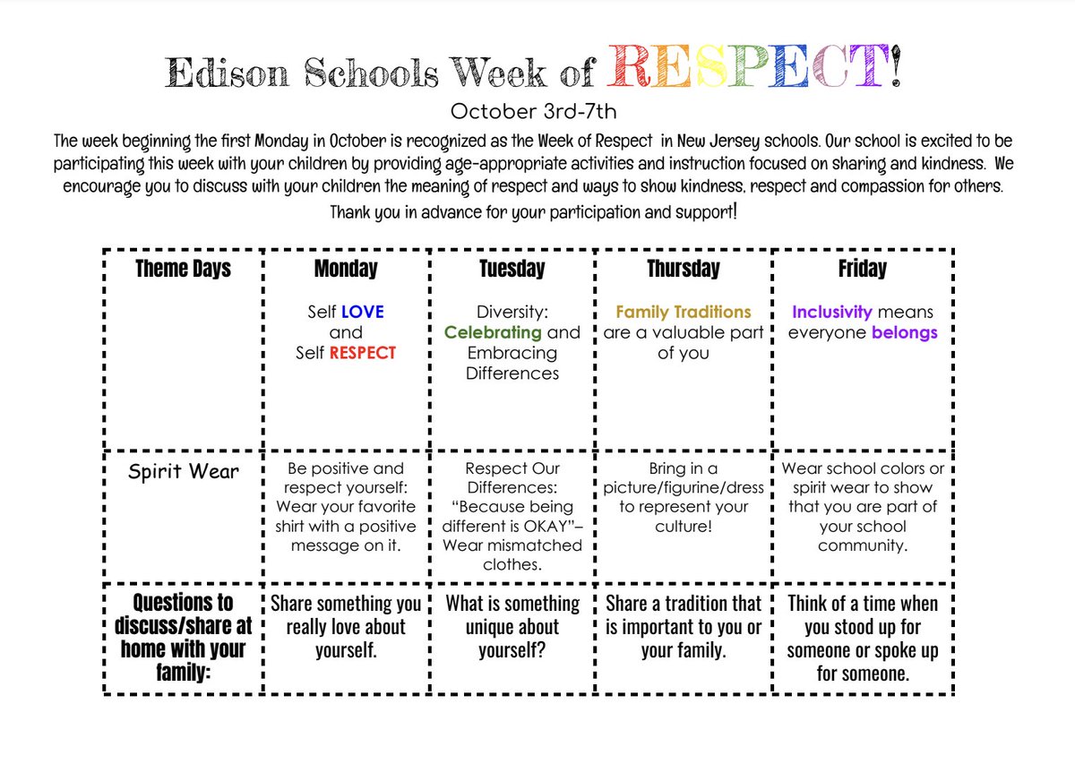 Monday 10/3 starts the WEEK of RESPECT! Each day of the week is a different theme! Can’t wait to see everyone participate!
