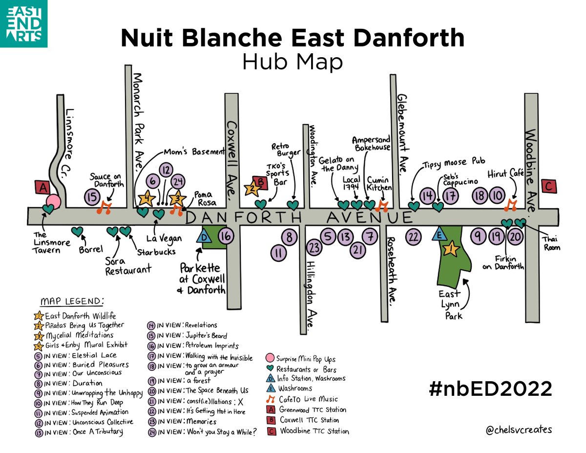 📣TWO DAYS UNTIL NUIT BLANCHE EAST DANFORTH, SO HERE IS THE HUB MAP!✨
On Saturday October 1st from 7pm-7am on Danforth Ave between Greenwood and Woodbine TTC stations, join us for a magical evening where you’ll get to experience 25+ art installations😍! eastendarts.ca/nuit-blanche-e…