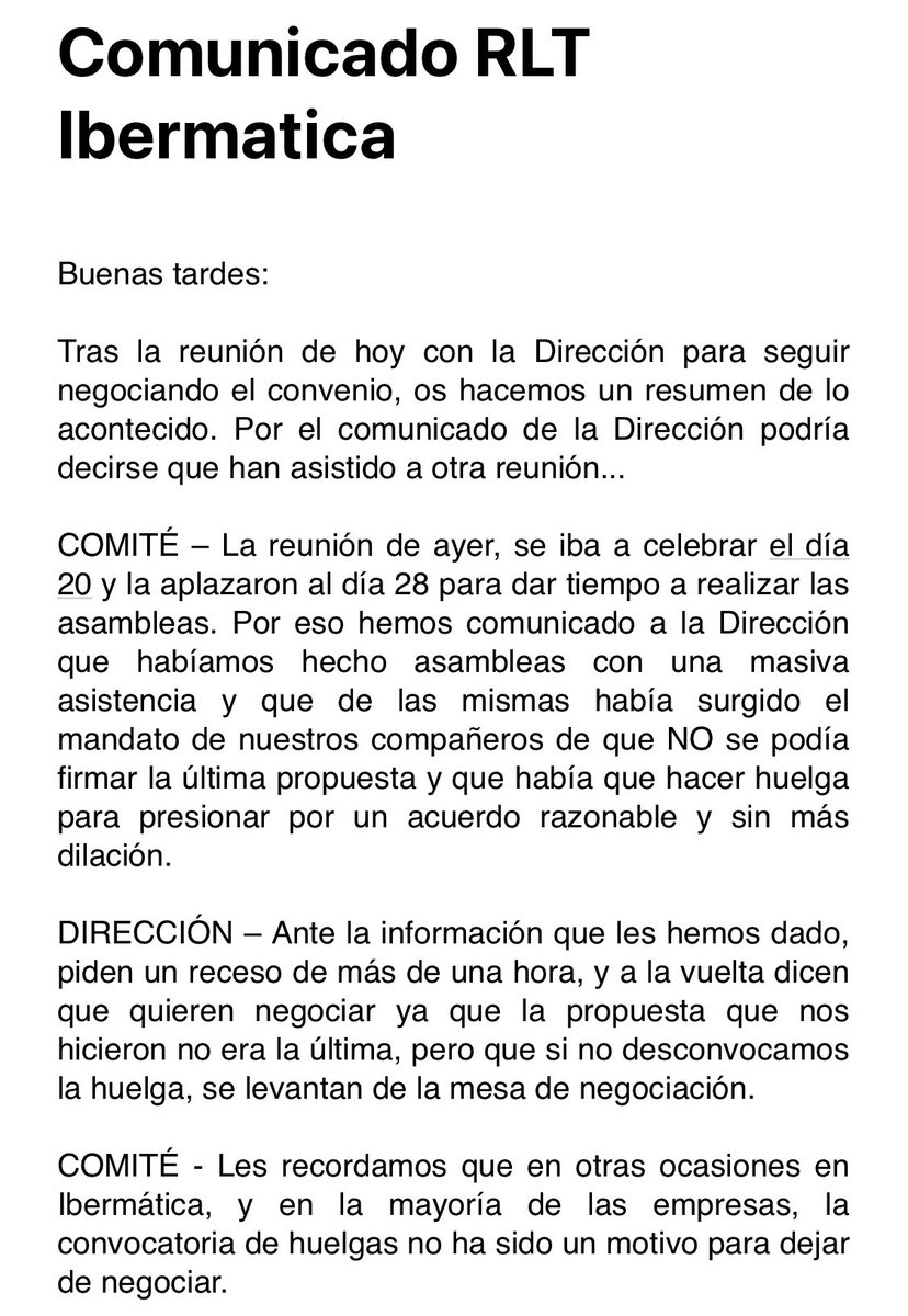 RLTIbermatica's tweet photo. La Dirección de @ibermaticagrupo Se levantan de la mesa negociadora, demostrando una vez más, lo poco que les importan el futuro de los/as trabajadores/ras de #Ibermatica 

@elcorreo_com Ahora publicar que la plantilla está satisfecha! 👇

Adjuntamos el Comunicado,
#Ibermatica https://t.co/5vdwT34FNJ