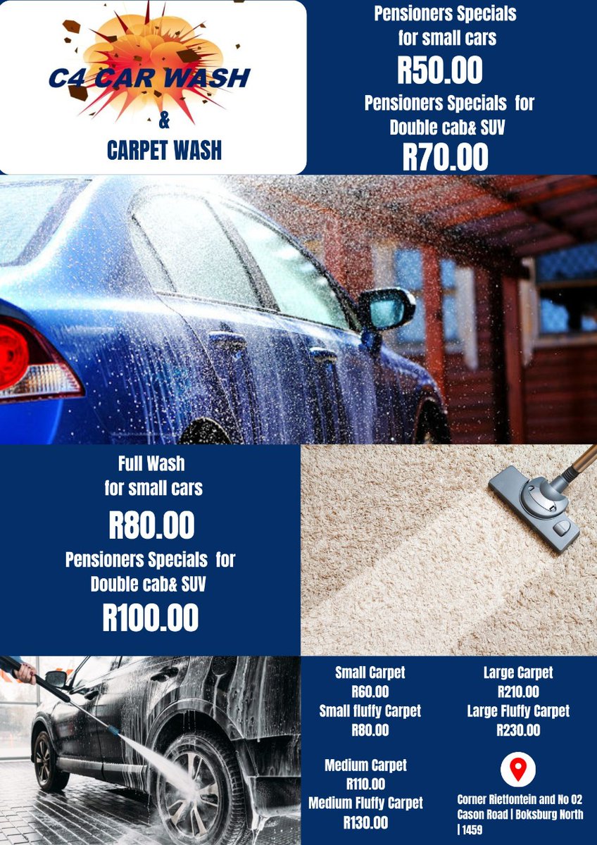 Crn Rietfontein & 2 Cason Rd Boksburg North 1459 Contact number 072 709 0516 C4 CAR WASH Get the benefits for being a C4 Car wash customer. Massive discounts Member discount Car wash voucher We also have special for our pensioners we do daily at 50.00