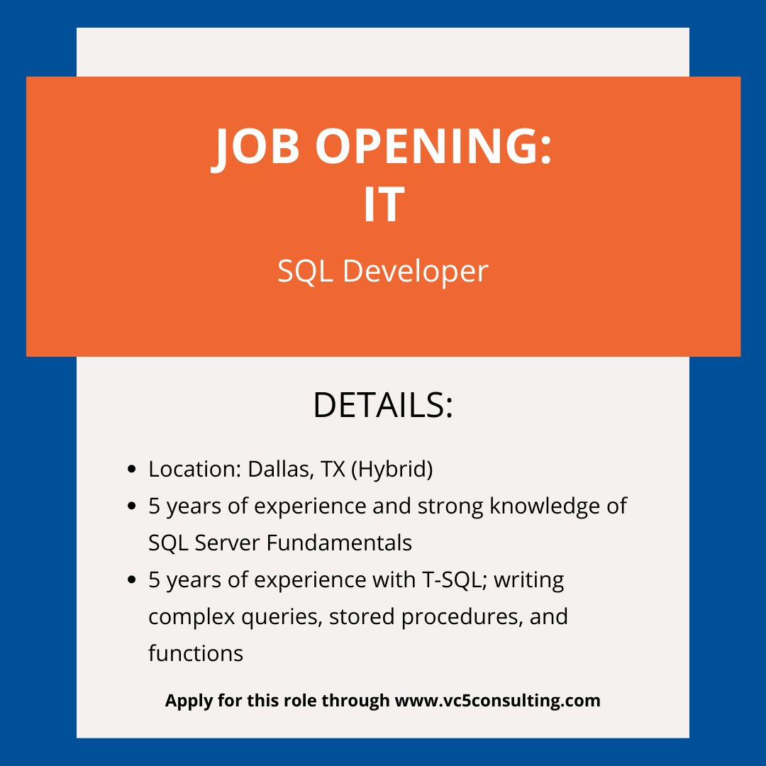 🚨 #HOTJOBALERT 🚨

Our client is seeking a SQL Developer to join their #hybrid team in the Dallas area! 

 lnkd.in/e-MWWmAR

#developer #sql #sqldeveloper #hiringdevelopers #hiring #dallasjobs #peoplefirst #aimhigher #VC5
