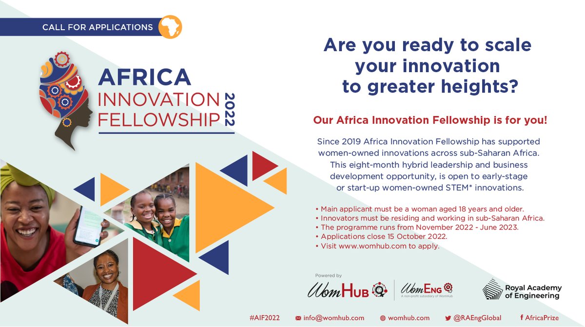 WomHub (@womhub) on Twitter photo If you're a STEM business women in sub-Saharan Africa looking to be investor ready then #AIF2022 is for you! #AIF2022 is a leadership & business development programme in partnership with
<a href="/RAEngGlobal/">RAEngGlobal</a>. Apply now & be eligible 4 a cash prize: womhub.com/open-applicati…
Closing: 15Oct If you're a STEM business women in sub-Saharan Africa looking to be investor ready then #AIF2022 is for you! #AIF2022 is a leadership & business development programme in partnership with
<a href="/RAEngGlobal/">RAEngGlobal</a>. Apply now & be eligible 4 a cash prize: womhub.com/open-applicati…
Closing: 15Oct