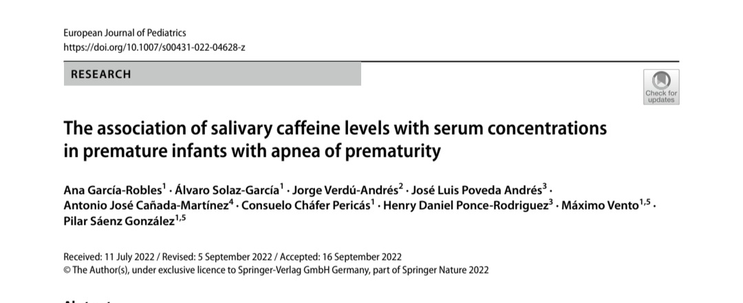 #pediatrialafe: Nueva publicación multidisciplinar <a href="/GIP_LaFe/">GIP</a>,<a href="/IISLaFe/">IIS La Fe</a>,<a href="/UV_EG/">Universitat València</a>, Farmacia <a href="/HospitalLaFe/">HospitalLaFe</a> en European Journal of Pediatrics:

The association of salivary caffeine levels with serum concentrations 
in premature infants with apnea of prematurity
link.springer.com/article/10.100…