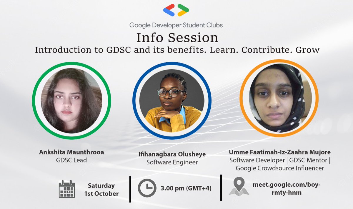 gdscuom's tweet photo. Join us for our Info Session on the GDSC.

🗓 Date: Saturday, October 1st 2022

⏰ Time: 3:00 PM (GMT +4)

📍 Venue: Google Meet (Online)

🗣️ Speakers: 
• Ankshita Maunthrooa
• Ifihanagbara Olusheye
• Umme Faatimah-Iz-Zaahra Mujore

Registration link: 
https://t.co/1XFQIvMoKR https://t.co/Fe8ueYrLjt