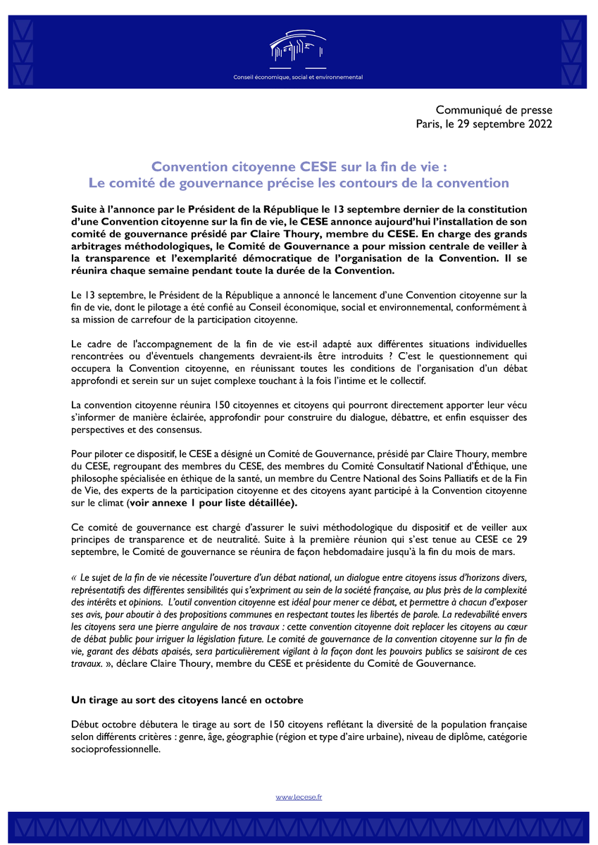 lecese's tweet photo. #Convention citoyenne sur la fin de vie | #COMMUNIQUÉ DE PRESSE 🗞

Le #CESE a installé aujourd’hui le comité de gouvernance de la convention citoyenne présidé par @clairethoury

Le comité est en charge des grands arbitrages méthodologiques de la #convention

En savoir +👇 https://t.co/XYwMPBYOYf