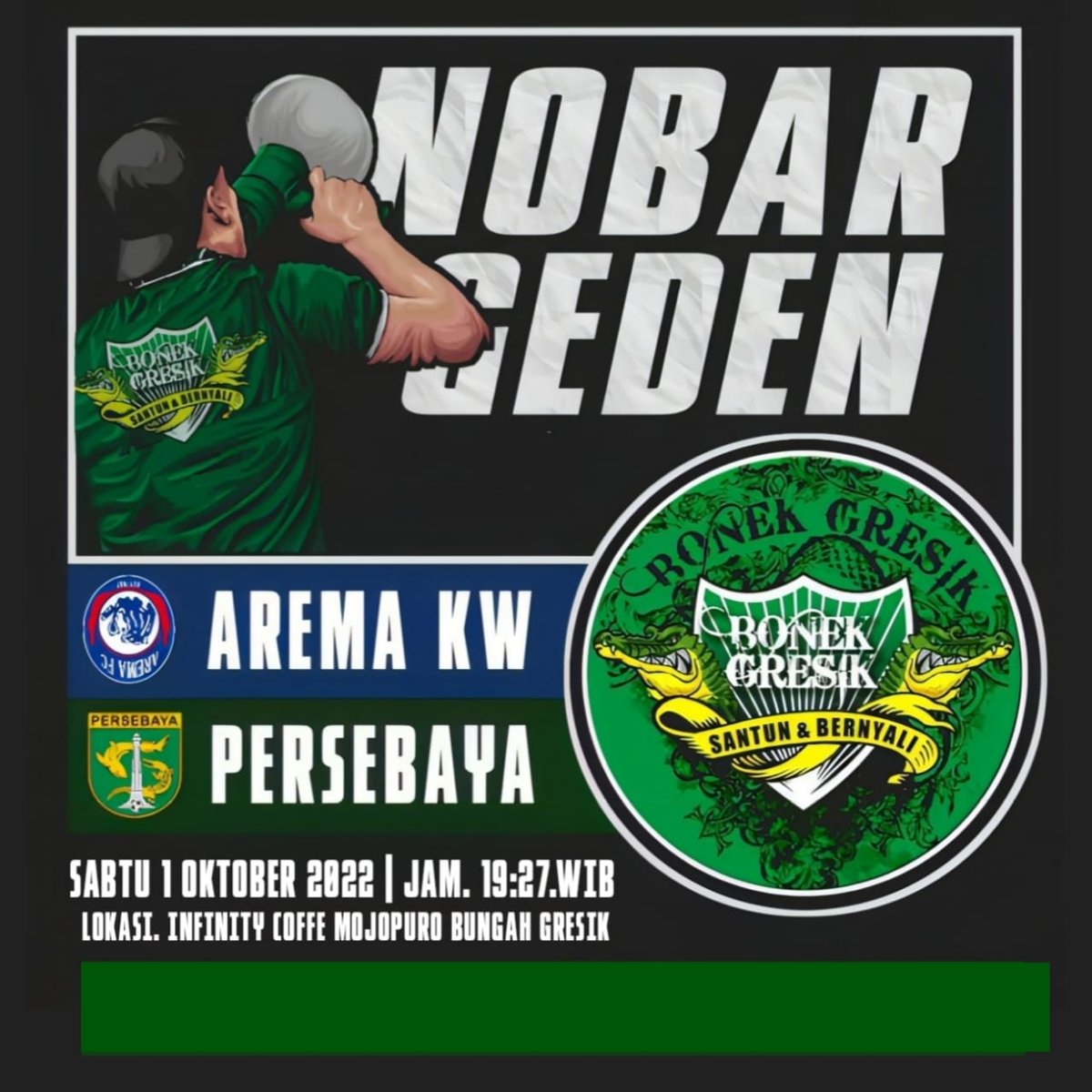 Bonek_Gresik's tweet photo. Ijo-kan lur!
#bonek #gresik #bogres #bonekgresik #persebaya #olahraga #bola #sepakbola #indonesia #nobar #nobargresik #infogresik https://t.co/g3vGTDnxZr