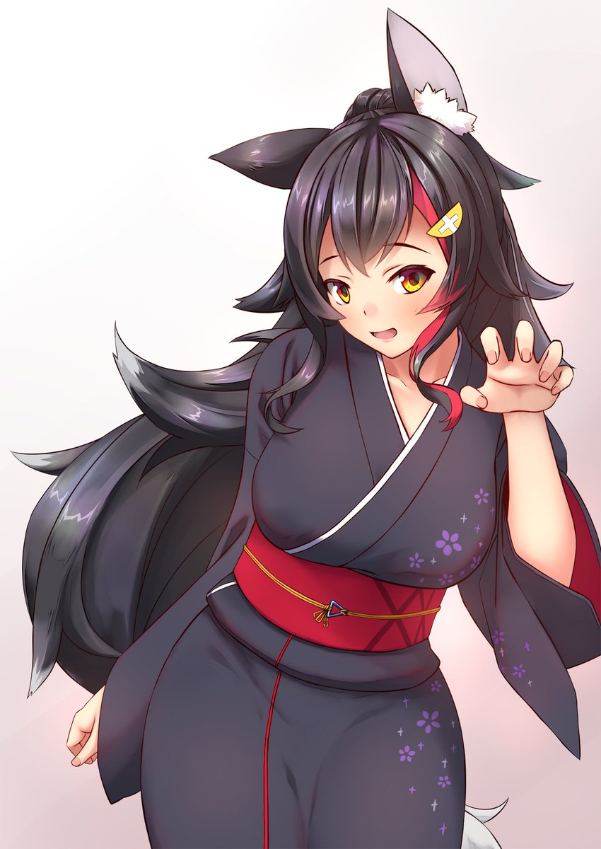 ookami mio 1girl solo wolf ears animal ears black hair kimono long hair  illustration images