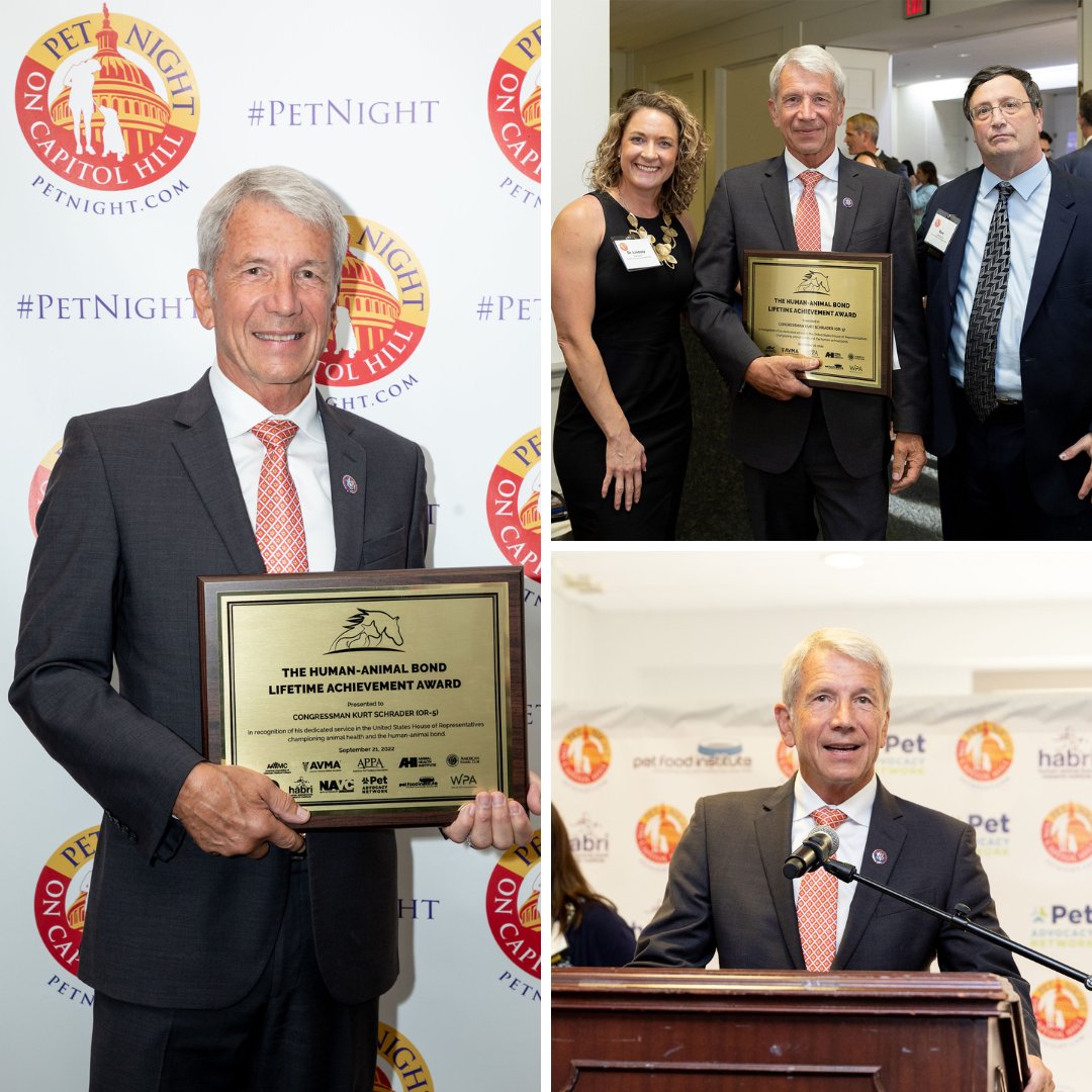 Last week during #PetNightOnCapitolHill we joined @HABRITweets in presenting @RepSchrader with the Human-Animal Bond Lifetime Achievement Award. As a congressional champion of the veterinary profession, we applaud his dedication to protecting animal and public health.