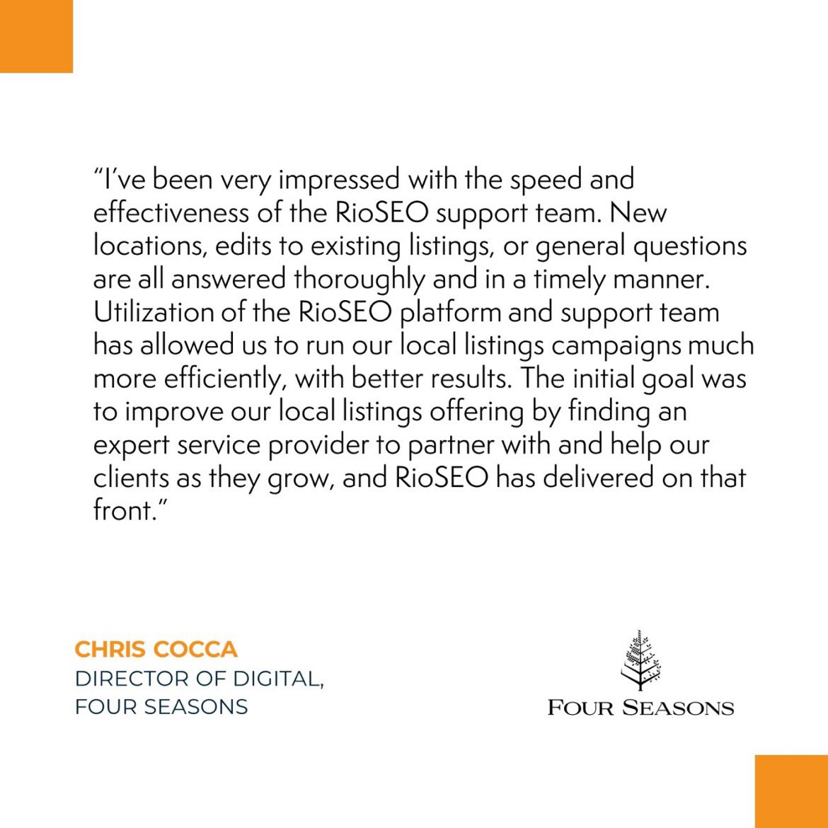 #TestimonialThursday! 🤝

Through more streamlined local listing campaigns, Four Seasons Hotels and Resorts was able to amplify their #lx to gain better insights and results!

#localexperience #localmarketing #rioseo #forsta #clienttestimonial